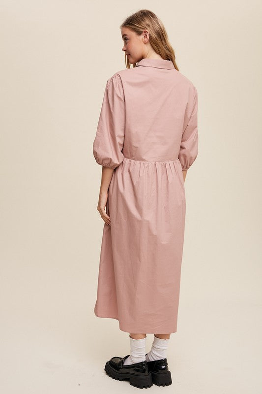 Women's Casual Button-Down Puff Sleeve Maxi Dress