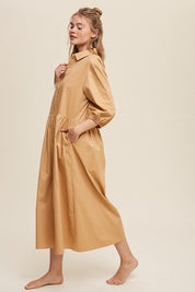 Women's Casual Button-Down Puff Sleeve Maxi Dress