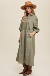 Women's Casual Button-Down Puff Sleeve Maxi Dress