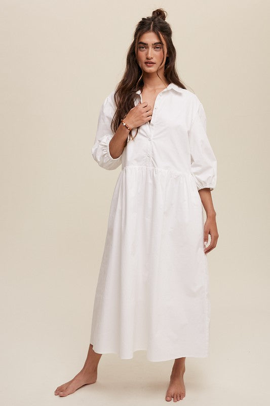 Women's Casual Button-Down Puff Sleeve Maxi Dress