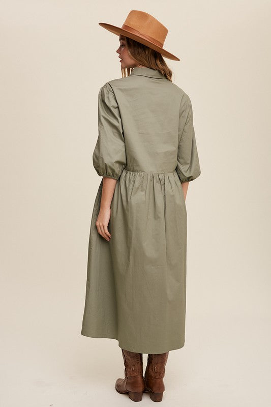 Women's Casual Button-Down Puff Sleeve Maxi Dress