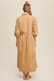 Women's Casual Button-Down Puff Sleeve Maxi Dress