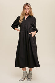 Women's Casual Button-Down Puff Sleeve Maxi Dress