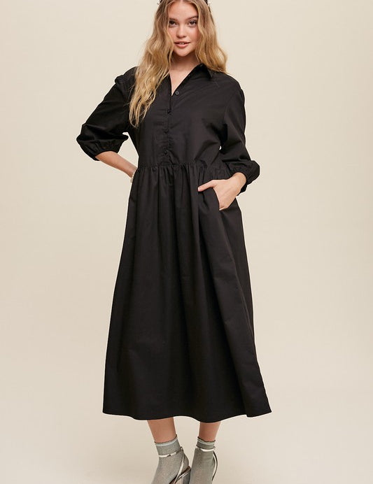 Women's Casual Button-Down Puff Sleeve Maxi Dress