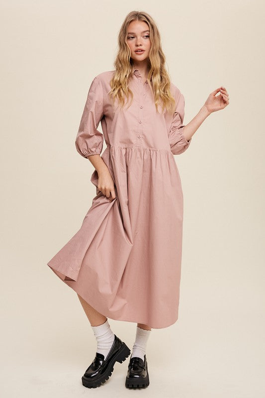 Women's Casual Button-Down Puff Sleeve Maxi Dress