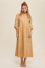 Women's Casual Button-Down Puff Sleeve Maxi Dress