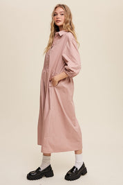 Women's Casual Button-Down Puff Sleeve Maxi Dress