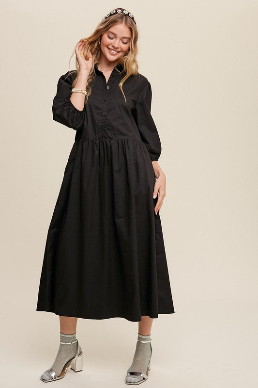 Women's Casual Button-Down Puff Sleeve Maxi Dress