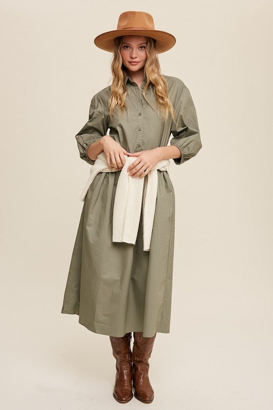 Women's Casual Button-Down Puff Sleeve Maxi Dress