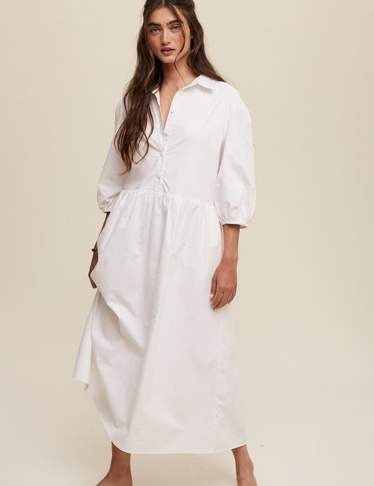 Women's Casual Button-Down Puff Sleeve Maxi Dress