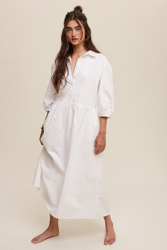 Women's Casual Button-Down Puff Sleeve Maxi Dress