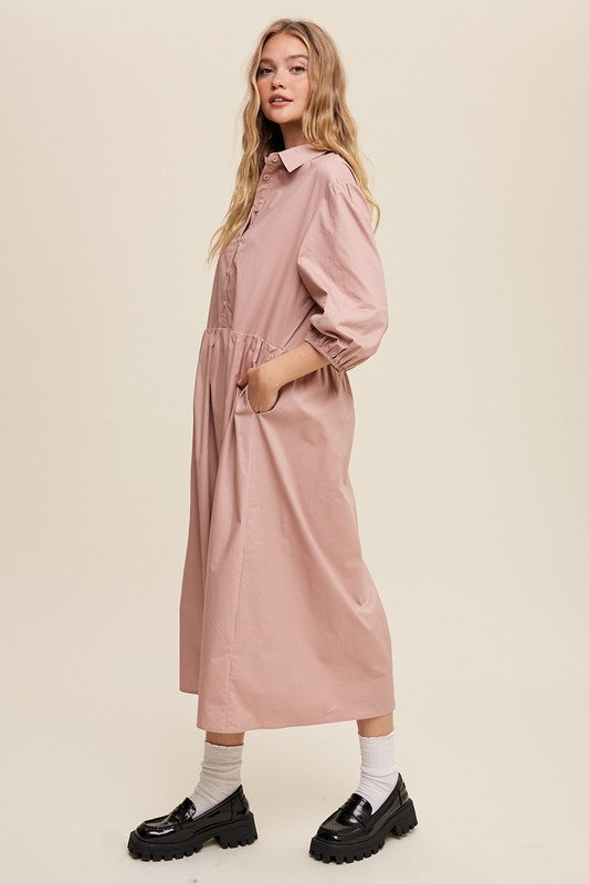 Women's Casual Button-Down Puff Sleeve Maxi Dress