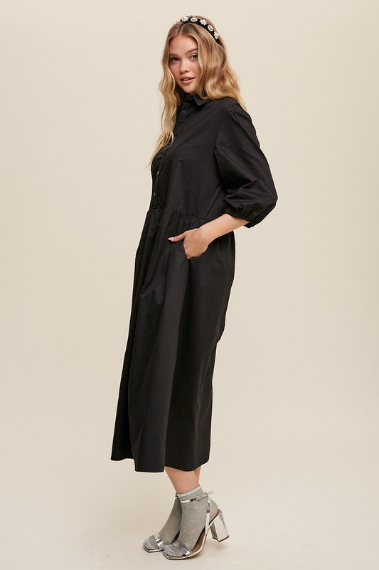 Women's Casual Button-Down Puff Sleeve Maxi Dress