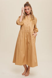 Women's Casual Button-Down Puff Sleeve Maxi Dress