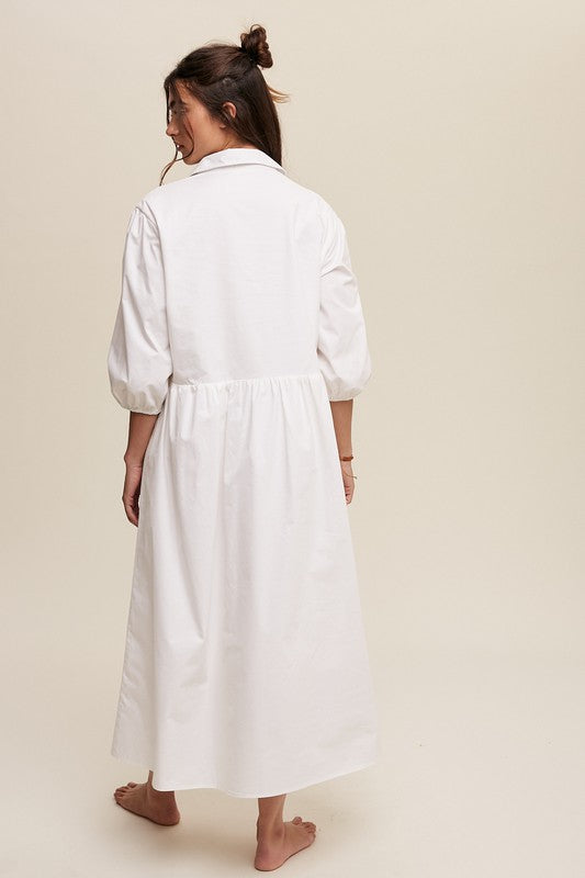 Women's Casual Button-Down Puff Sleeve Maxi Dress