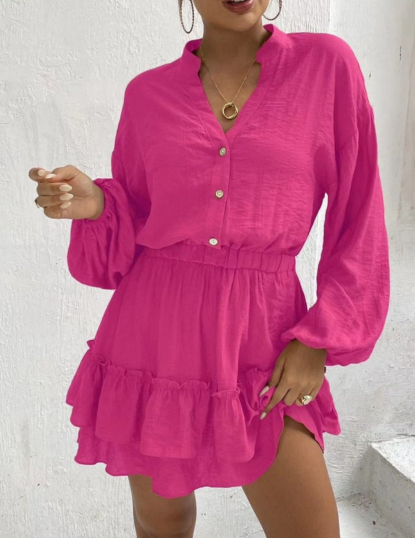 Women's Long Sleeve Button Front Ruffle Dress