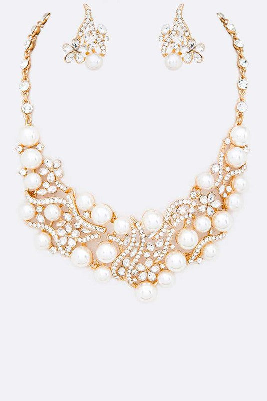 Crystal Pearls Formal Statement Necklace Set