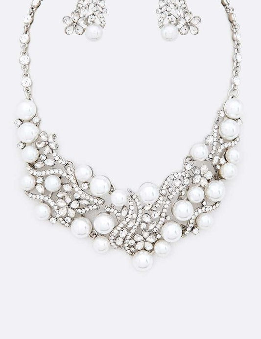 Crystal Pearls Formal Statement Necklace Set