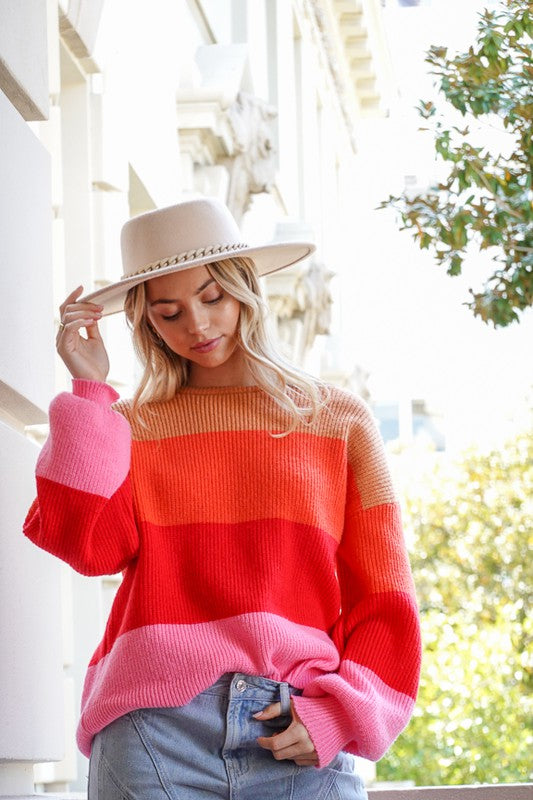 Women's Oversized Rainbow Stripe Chunky Knit Pullover