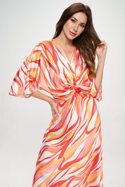 Women's Satin Front Twist Multi Color Print Dress