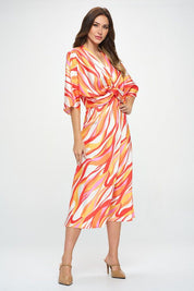 Women's Satin Front Twist Multi Color Print Dress