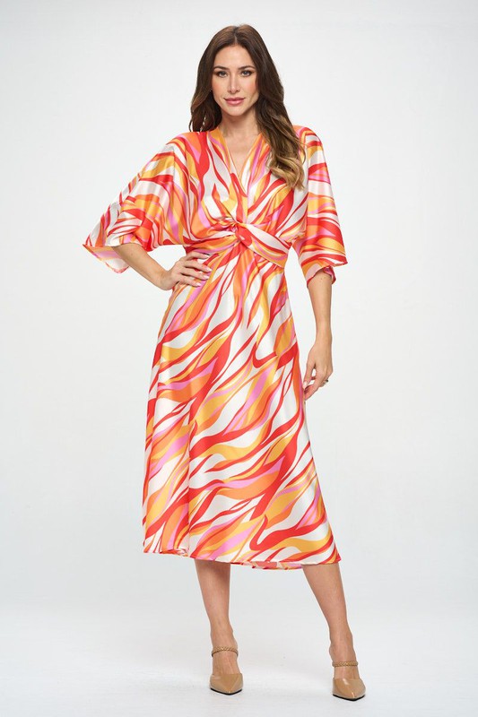 Women's Satin Front Twist Multi Color Print Dress