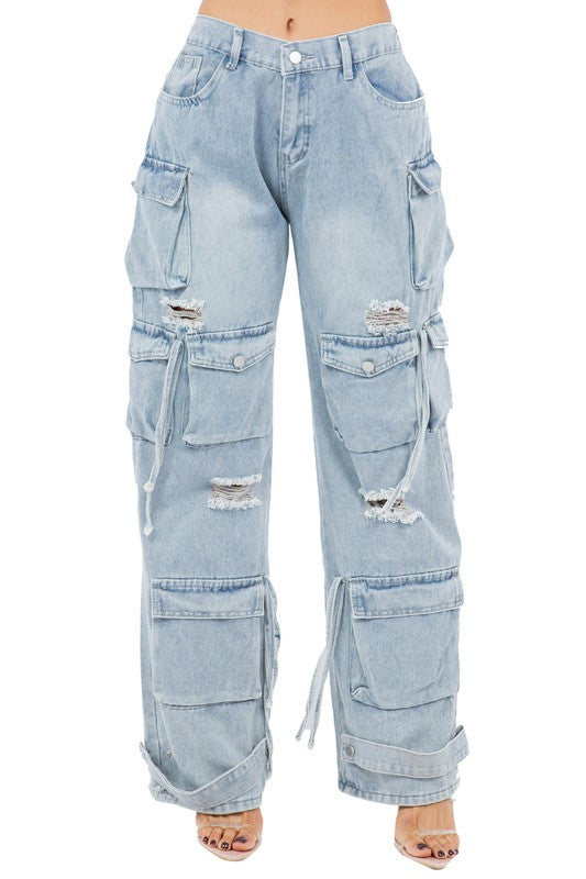 WOMEN CARGO STYLE DENIM PANTS