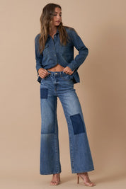 Women's Relaxed Wide Leg Patchwork Denim Jeans