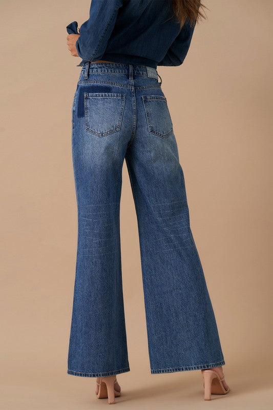 Women's Relaxed Wide Leg Patchwork Denim Jeans