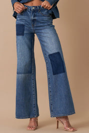 Women's Relaxed Wide Leg Patchwork Denim Jeans