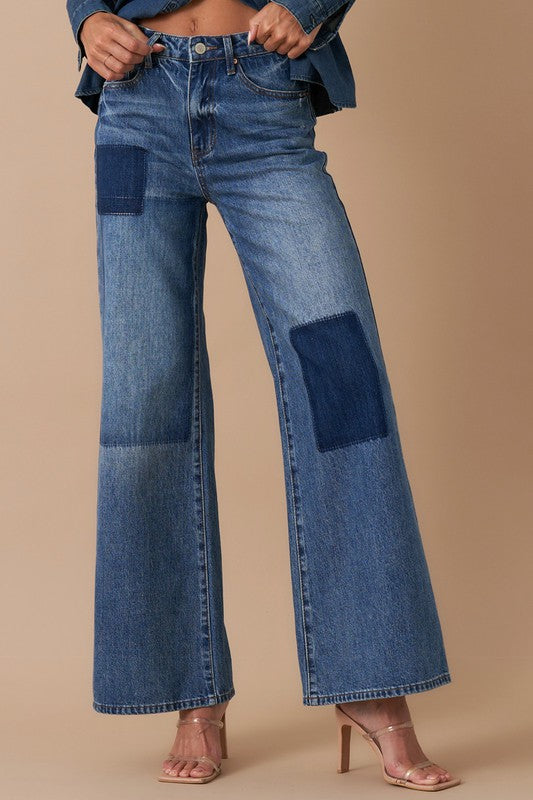 Women's Relaxed Wide Leg Patchwork Denim Jeans