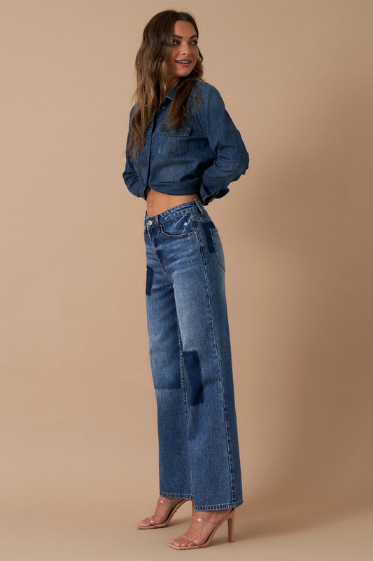 Women's Relaxed Wide Leg Patchwork Denim Jeans