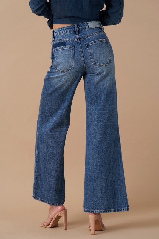 Women's Relaxed Wide Leg Patchwork Denim Jeans