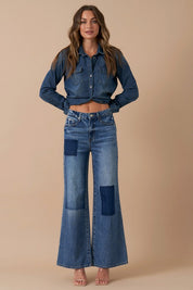 Women's Relaxed Wide Leg Patchwork Denim Jeans