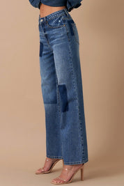 Women's Relaxed Wide Leg Patchwork Denim Jeans