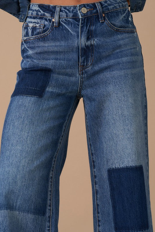 Women's Relaxed Wide Leg Patchwork Denim Jeans