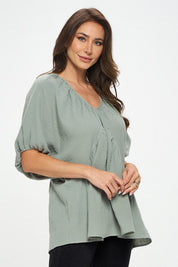 Women's Oversized Cotton V Neck Puff Sleeve Tunic Top