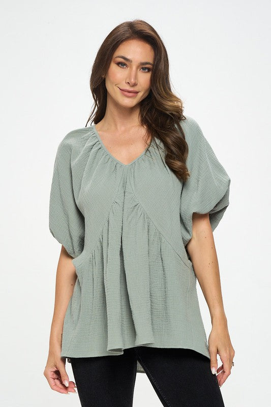 Women's Oversized Cotton V Neck Puff Sleeve Tunic Top