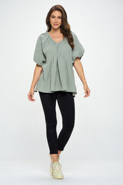 Women's Oversized Cotton V Neck Puff Sleeve Tunic Top