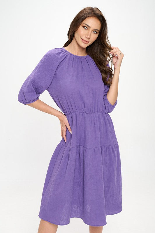 Women's Casual A-Line 3/4 Sleeve Cotton Midi Dress