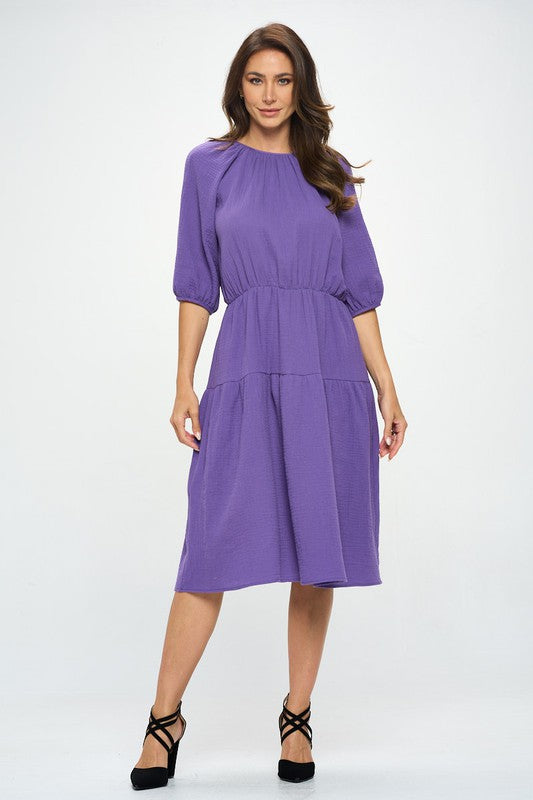 Women's Casual A-Line 3/4 Sleeve Cotton Midi Dress