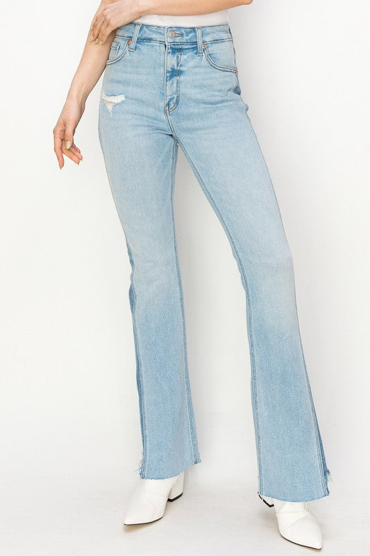 Women's High Rise Boot Cut Jeans with Color Block Detail