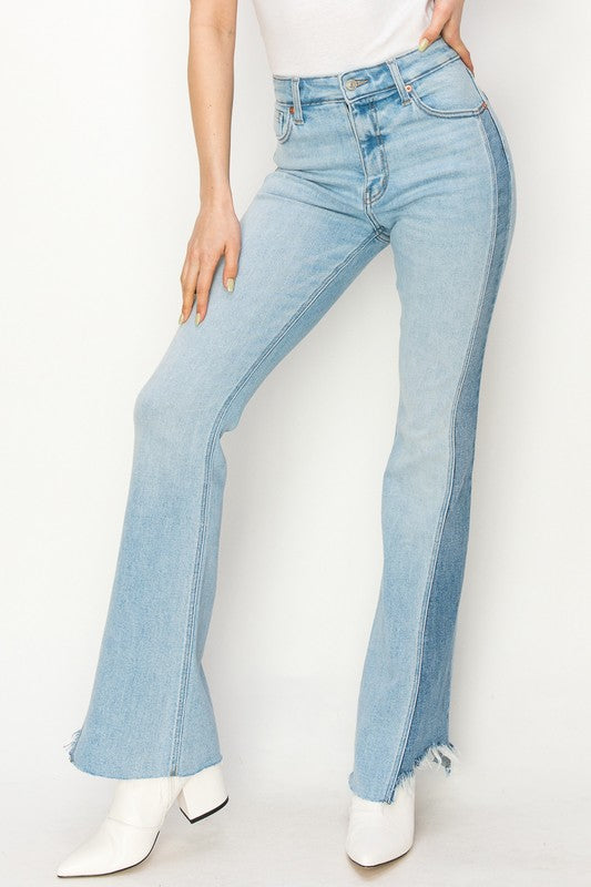 Women's High Rise Boot Cut Jeans with Color Block Detail