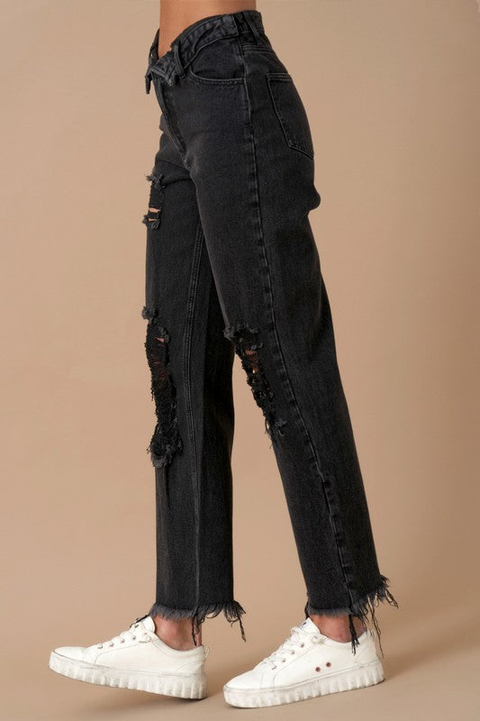 Women's High Rise Distressed Black Denim Straight Jeans