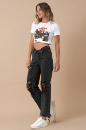 Women's High Rise Distressed Black Denim Straight Jeans