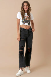 Women's High Rise Distressed Black Denim Straight Jeans