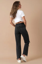 Women's High Rise Distressed Black Denim Straight Jeans