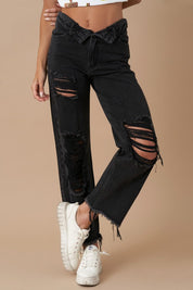 Women's High Rise Distressed Black Denim Straight Jeans