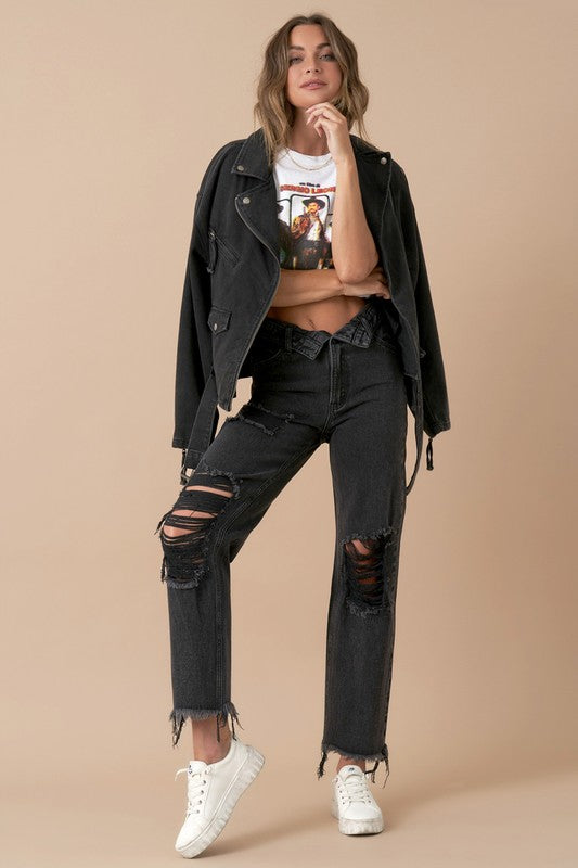 Women's High Rise Distressed Black Denim Straight Jeans