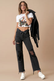 Women's High Rise Distressed Black Denim Straight Jeans